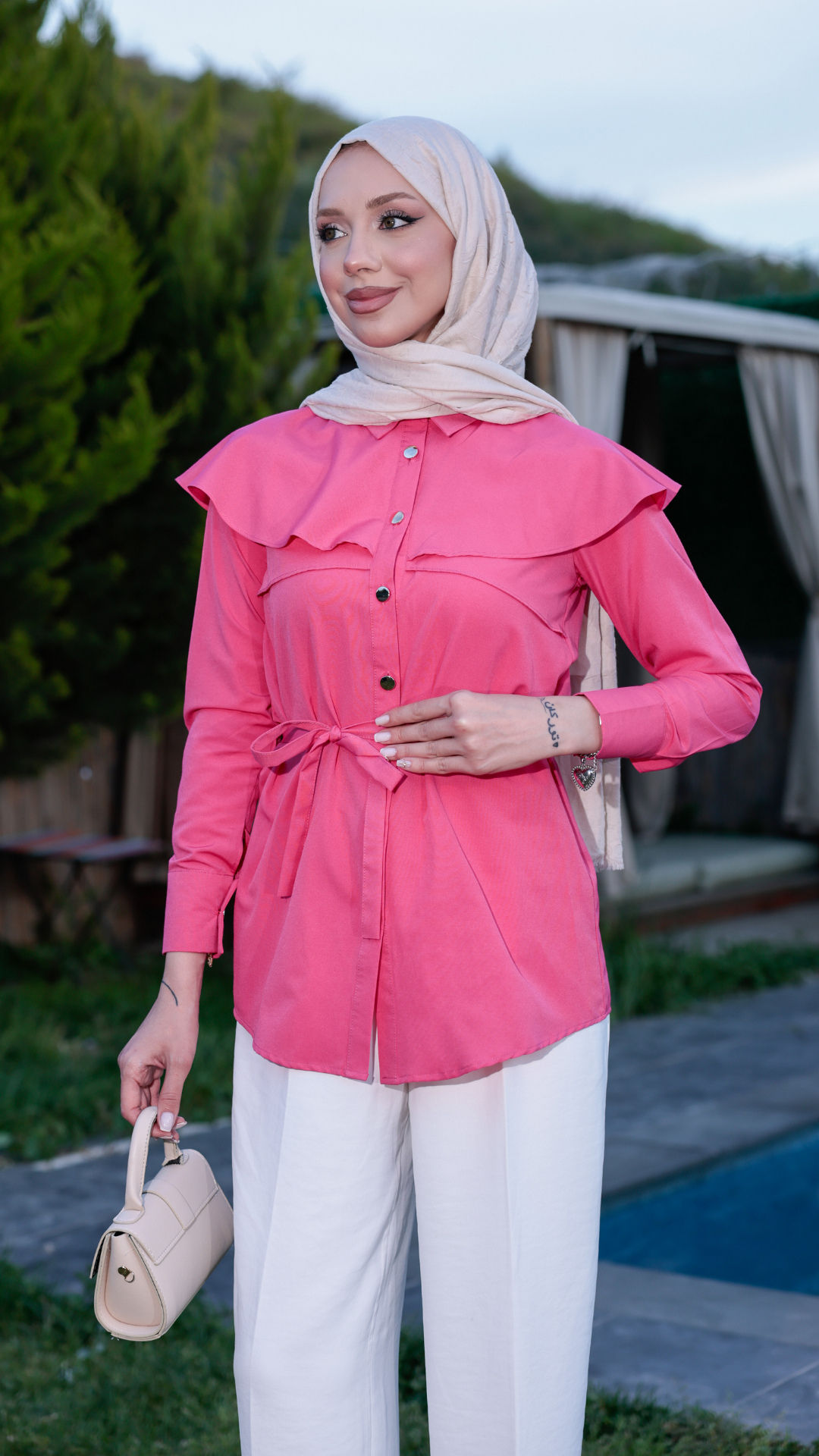 Kemerli Gömlek Pelerin Yaka Detaylı - Pembe