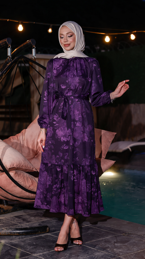 Ekoseli Muz Krep Elbise - Mor