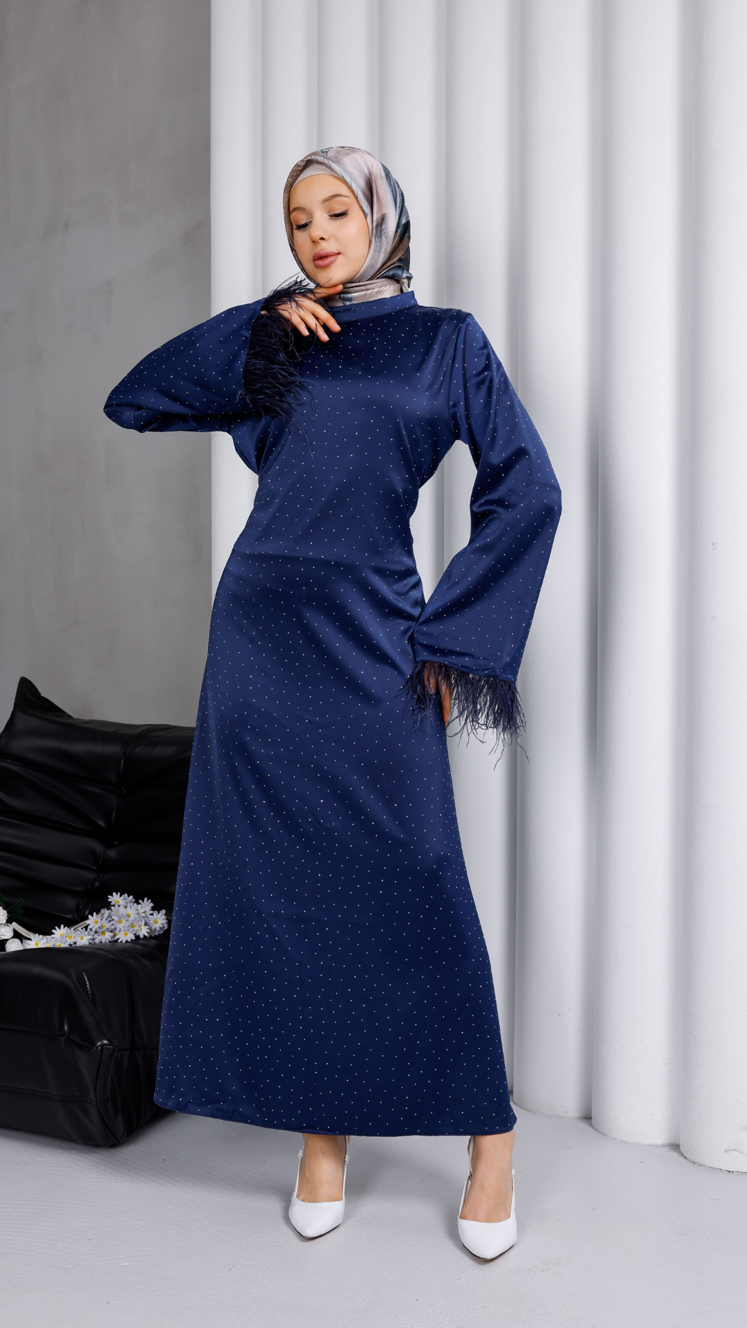 Taş Detaylı Saten Elbise-Lacivert