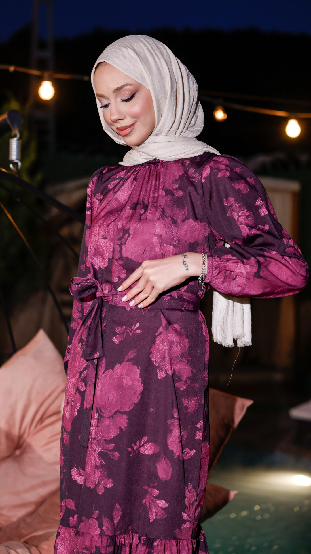 Ekoseli Muz Krep Elbise - Pembe