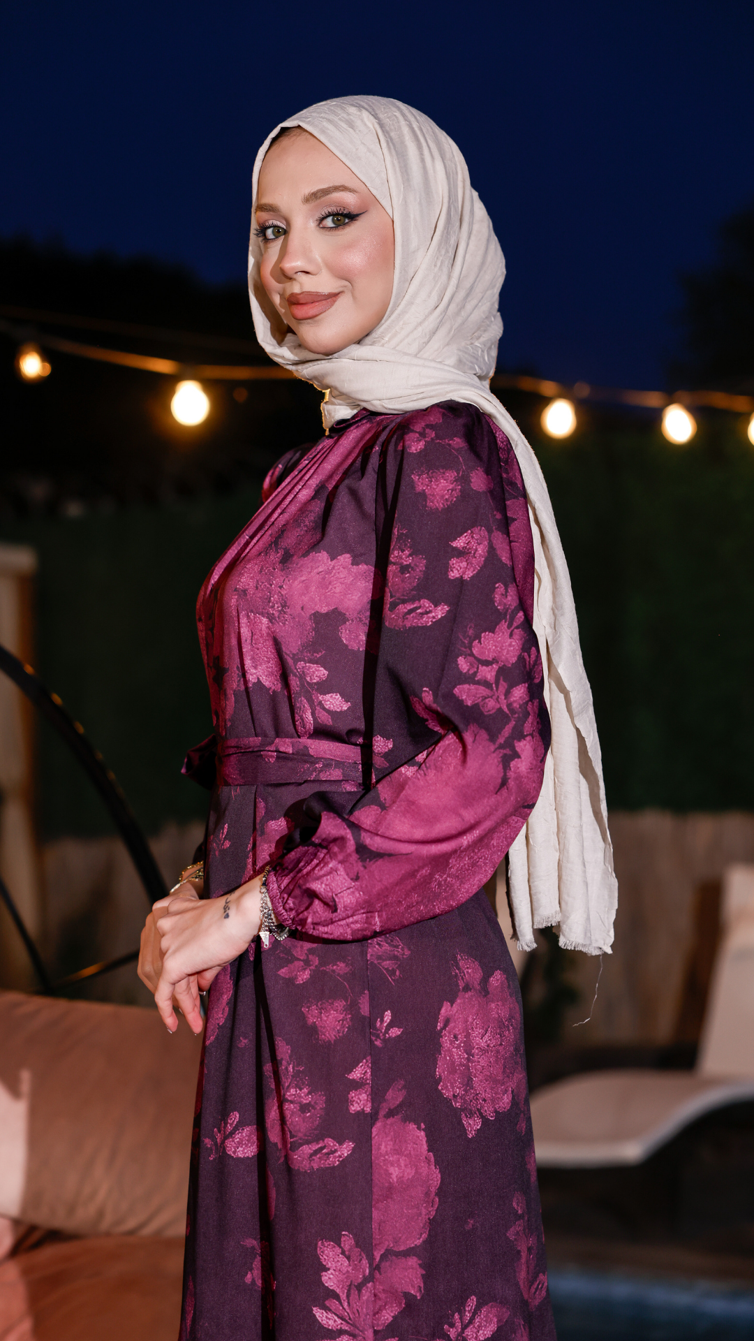 Ekoseli Muz Krep Elbise - Pembe