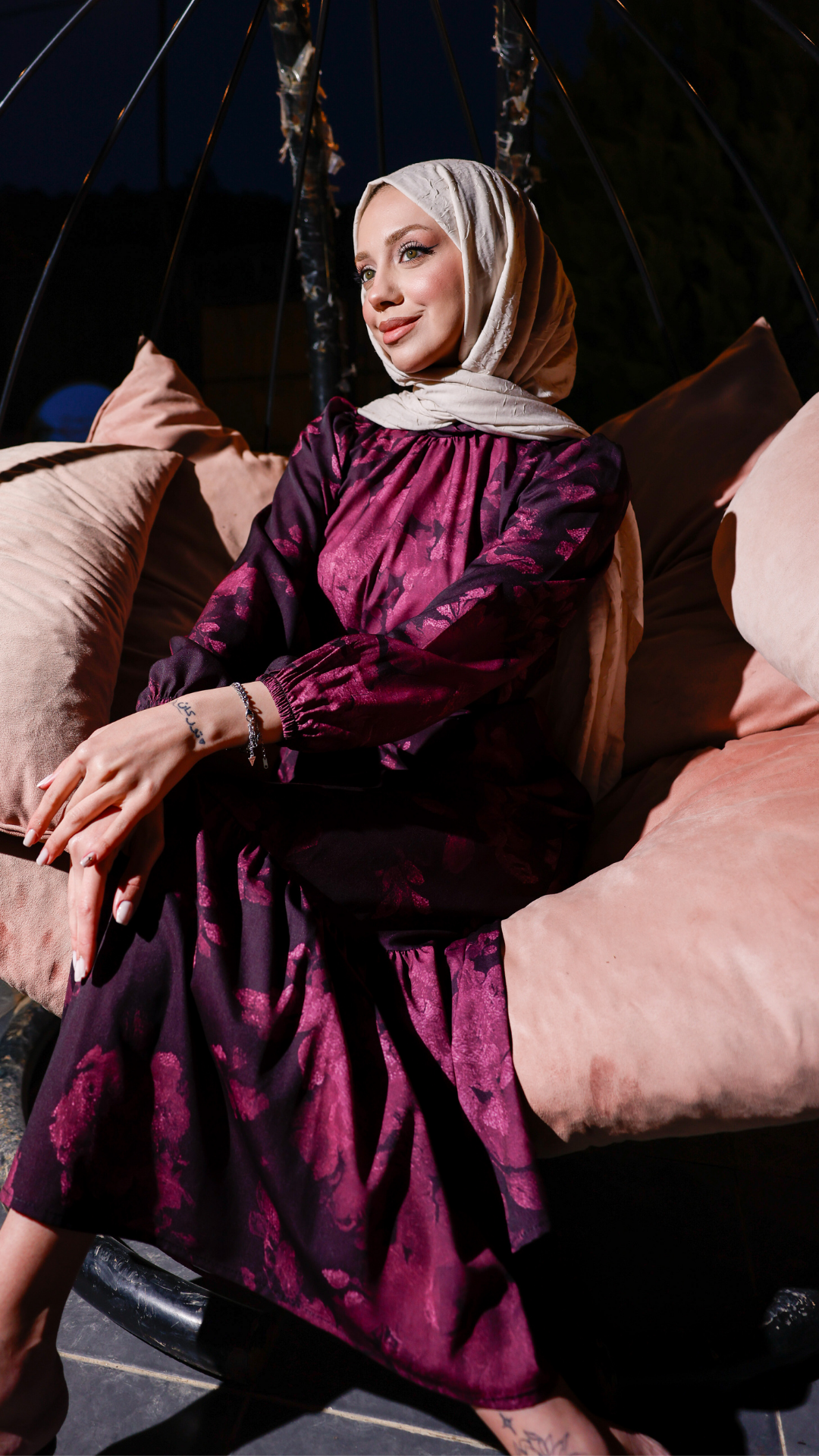 Ekoseli Muz Krep Elbise - Pembe