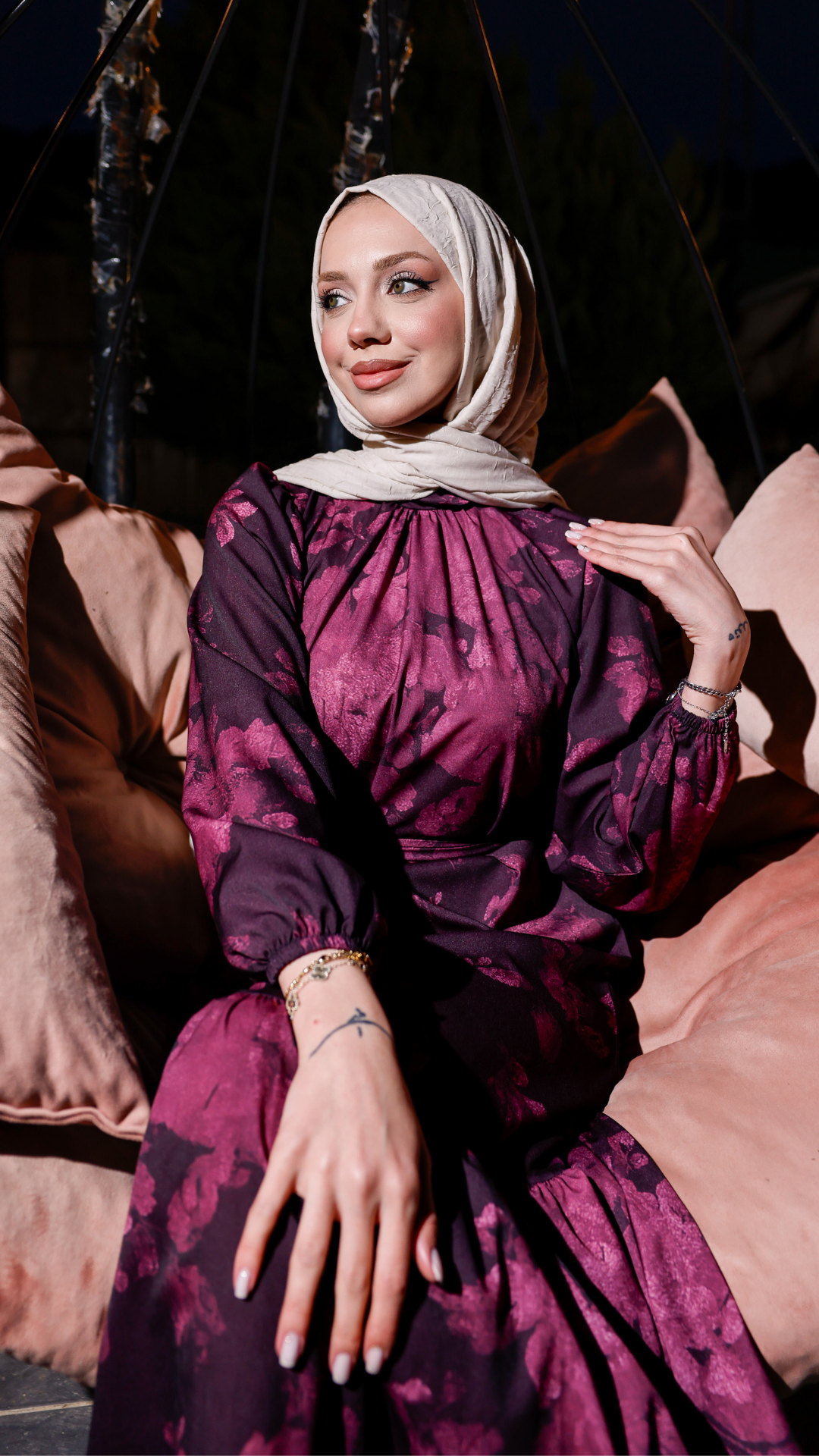 Ekoseli Muz Krep Elbise - Pembe