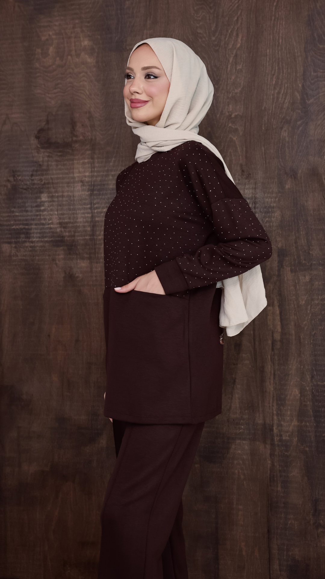 Taş Detaylı Alt Üst Takım - Kahverengi
