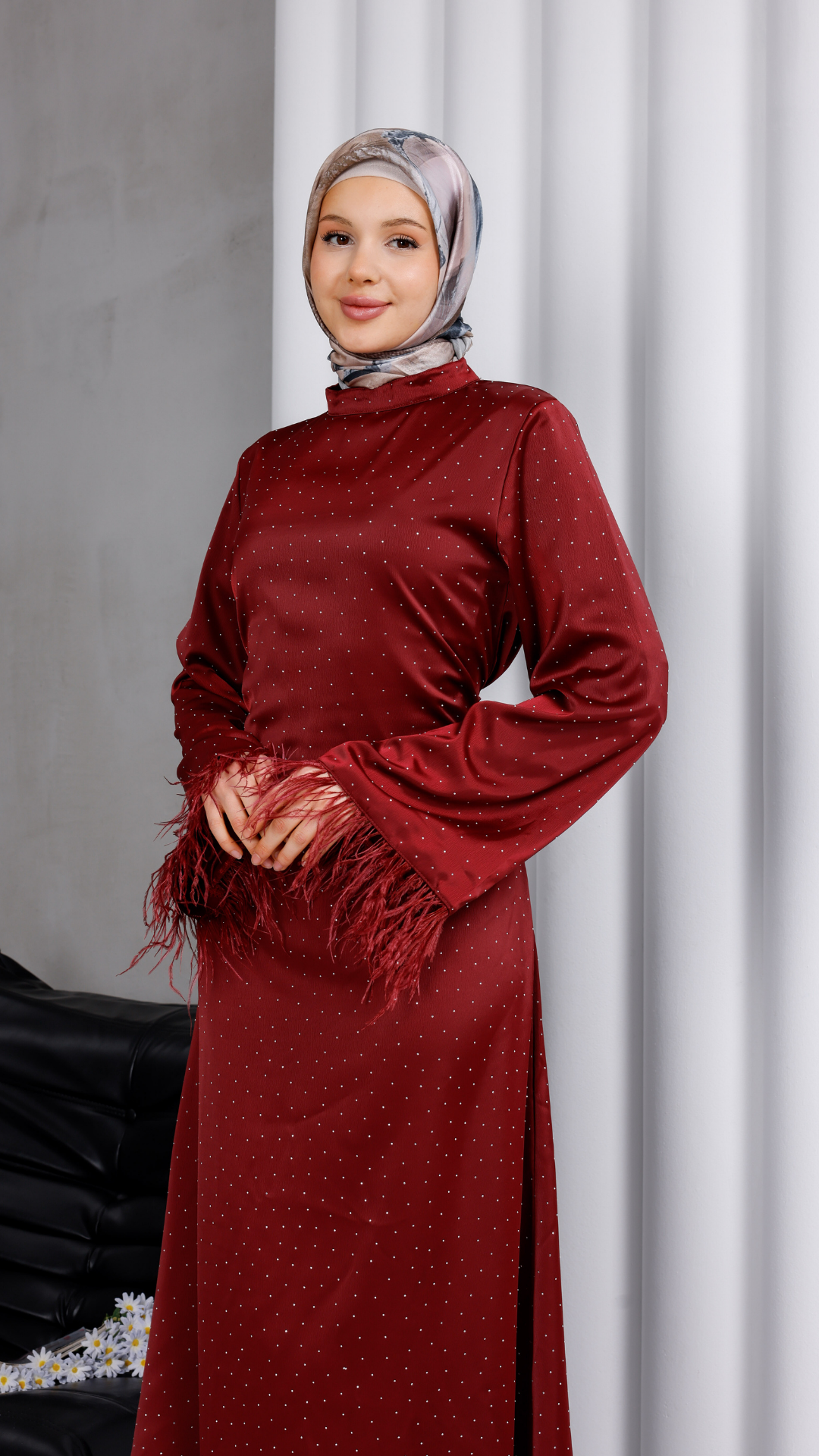 Taş Detaylı Saten Elbise-Bordu