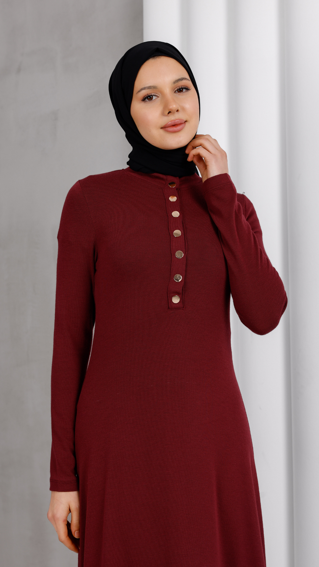 Düğme Detaylı Modal Elbis- Bordo