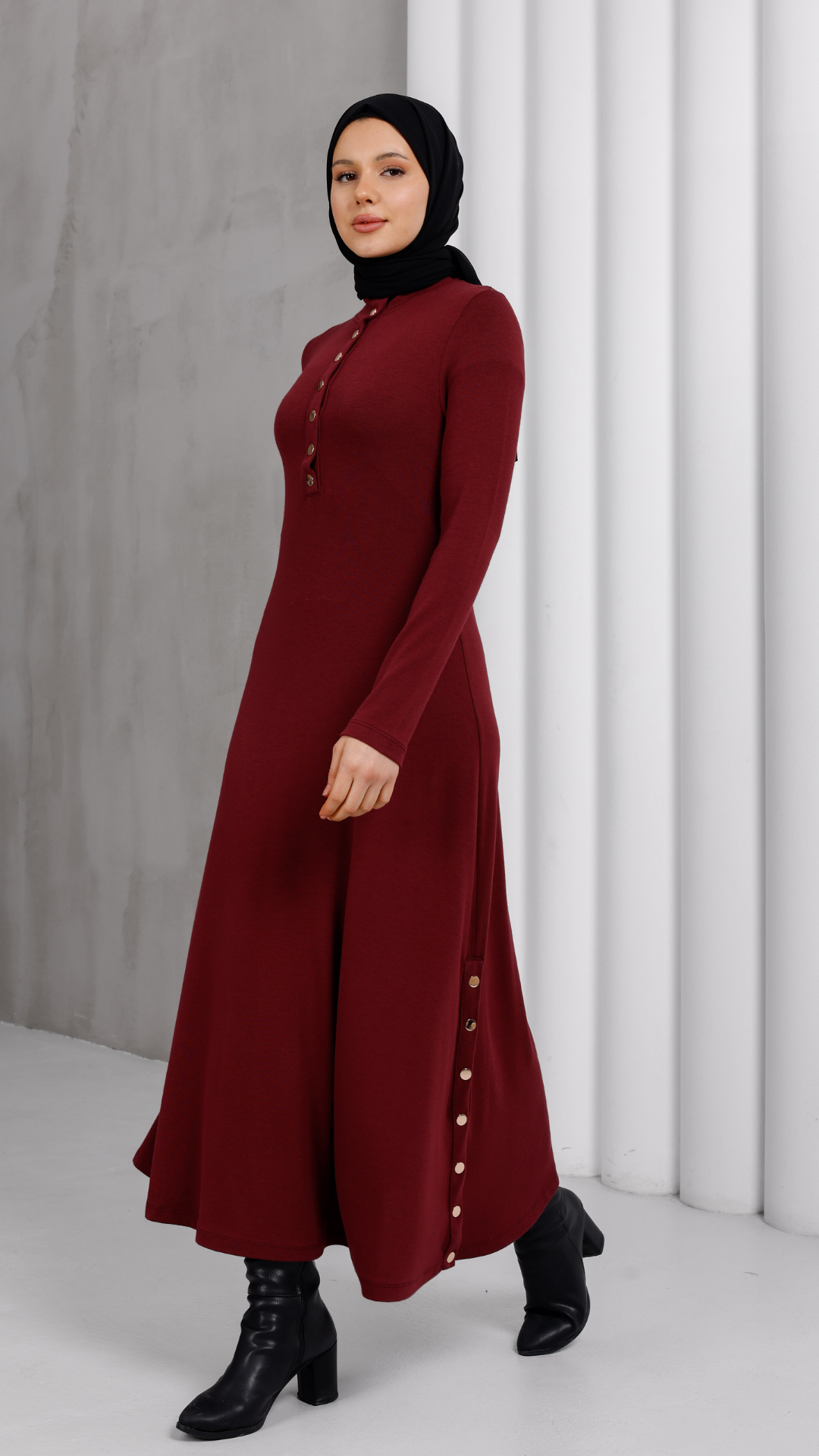 Düğme Detaylı Modal Elbis- Bordo