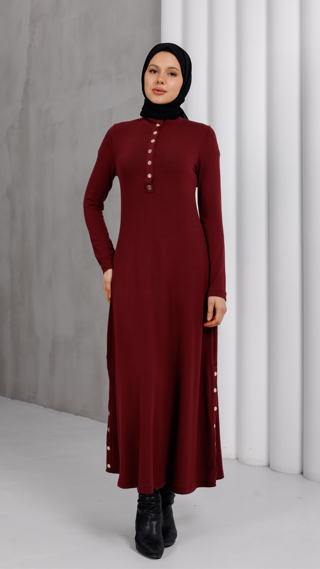 Düğme Detaylı Modal Elbis- Bordo