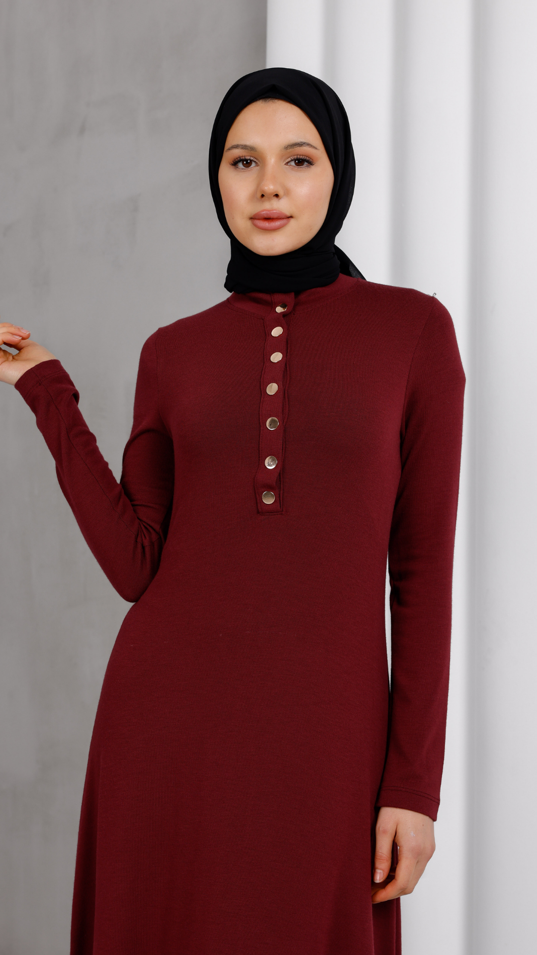 Düğme Detaylı Modal Elbis- Bordo