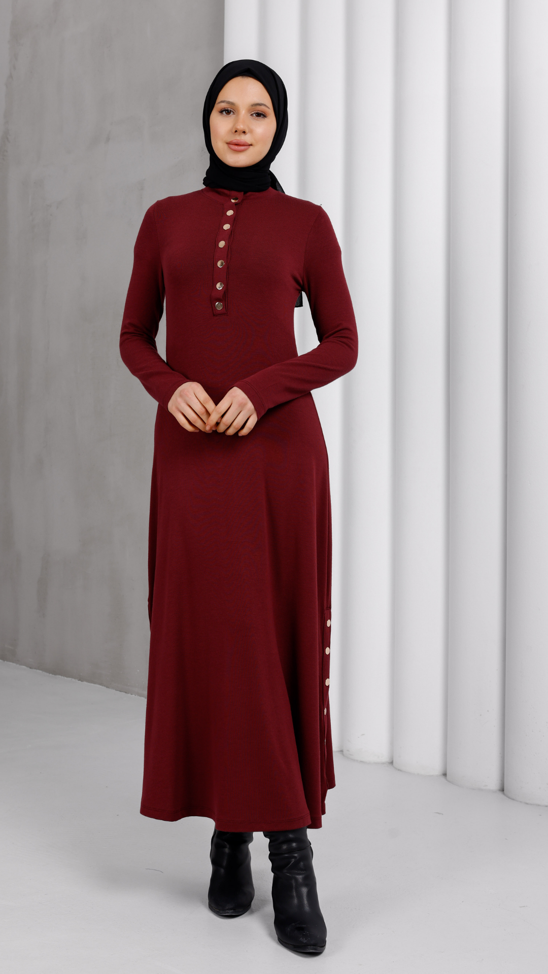 Düğme Detaylı Modal Elbis- Bordo
